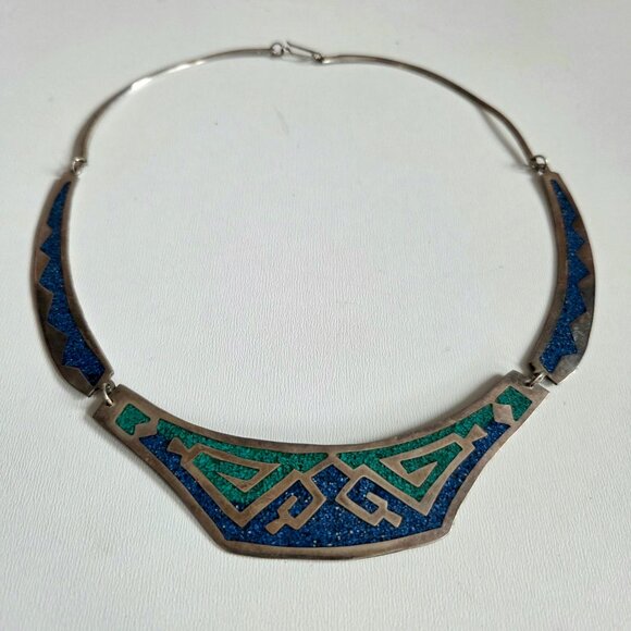 Vintage Aztec style bib choker necklace pendant Alpaca silver Mexico. - Picture 9 of 9